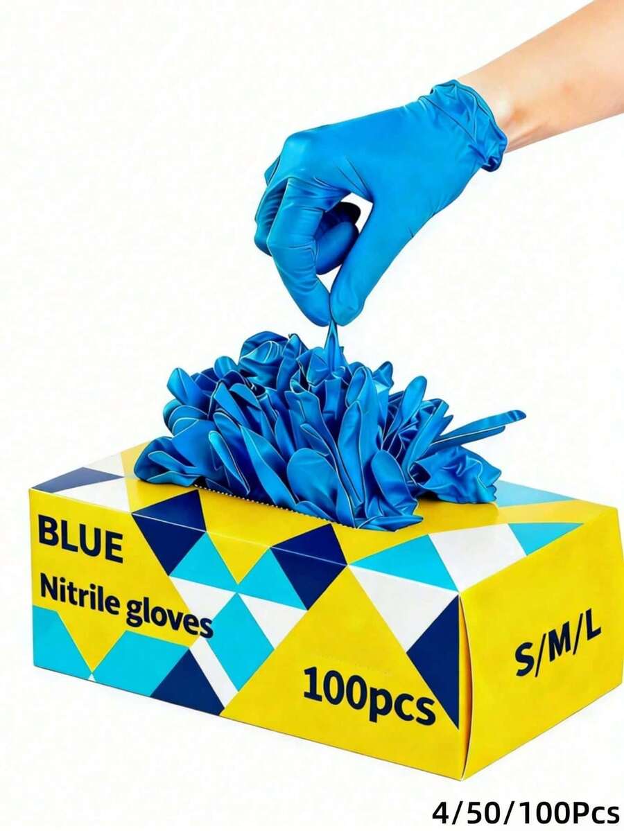 100入 藍色丁腈手套 - 無粉、無乳膠、拋棄式多用途手部防護手套，適用於美髮沙龍、紋身店、汽車清潔、戶外露營 - 耐用、多用途，適用於寵物照護和居家清潔，拋棄式清潔手套 (袋裝) 4/50/100入