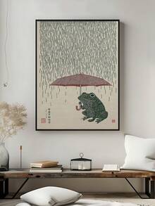 1件蓮花與錦鯉海報，日式植物藝術，日式青蛙撐傘海報，理想禮物，適合臥室、客廳、廚房、牆面藝術、牆面裝飾、家居裝飾、房間裝飾、帆布牆面藝術、海報、帶框牆面藝術，可選框 - 1PCS - 查看 5