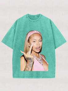 Women's Y2K Oversized Cotton T-Shirt With Round Neck Short Sleeves, Casual Streetwear Style, Regular Length - 薄荷藍 - 查看 1