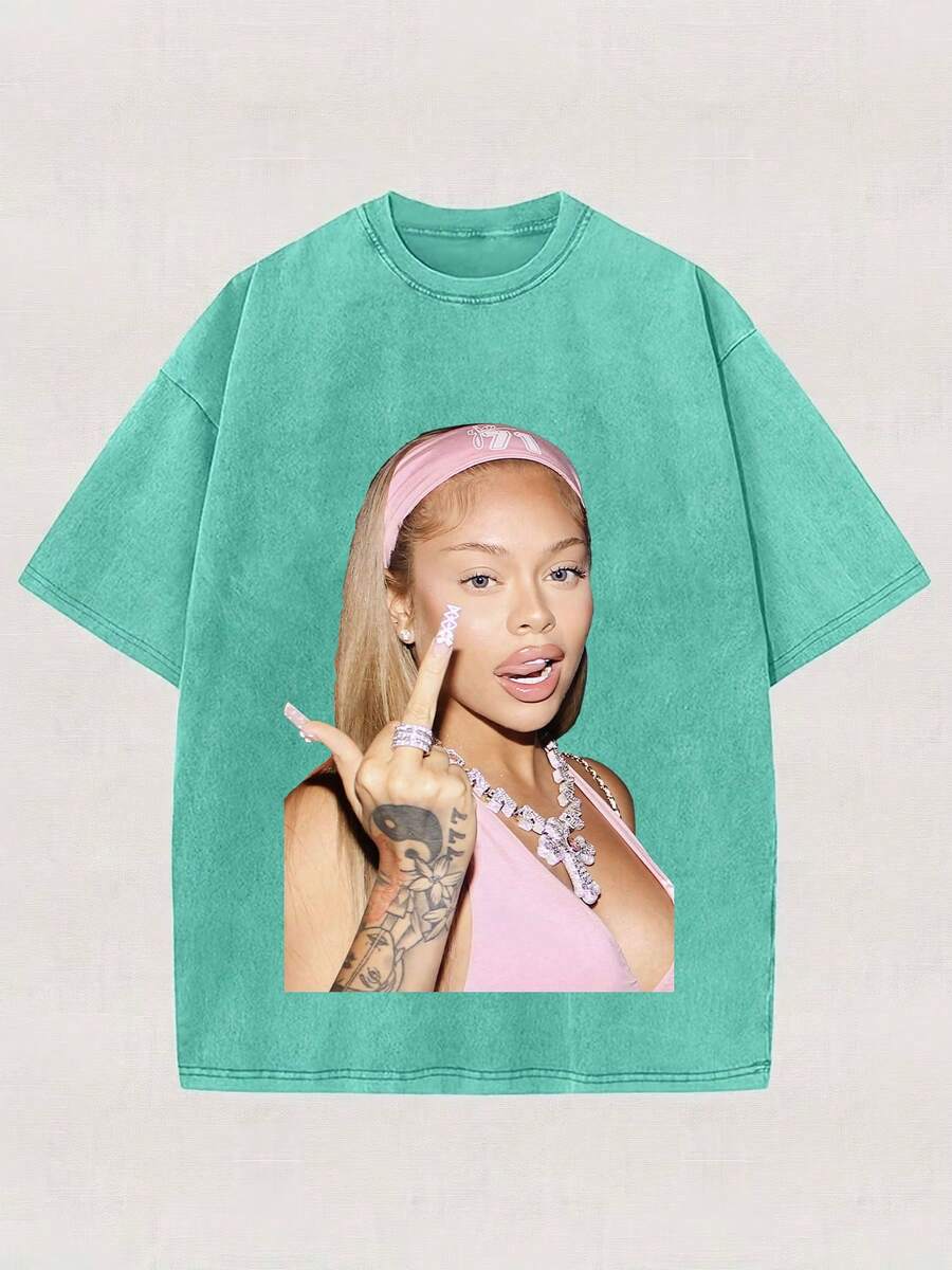 Women's Y2K Oversized Cotton T-Shirt With Round Neck Short Sleeves, Casual Streetwear Style, Regular Length - 薄荷藍 - 查看 1