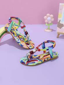 1 Pair Girls Rainbow Print Thong Flat Sandals With Pearl & Rhinestone Decor, Slip-On Design For Daily Wear - Multicolor - View 5