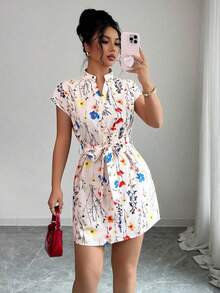 - Colección de ropa femenina de moda  LUNE Vestido elegante de verano para mujer con estampado completo, cuello con muesca y manga corta - Multicolor - Ver 2