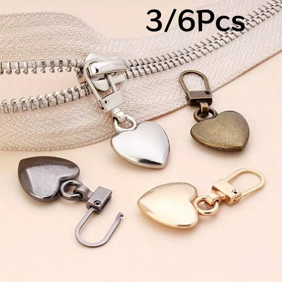 3/6Pcs Heart-Shaped Universal Detachable Zipper Pulls, Metal Zipper Pendant Replacement Accessories, Bag Coat Clothing Zipper Repair Tool, Multi-Color Versatile Decorative Zipper Pull Tabs
