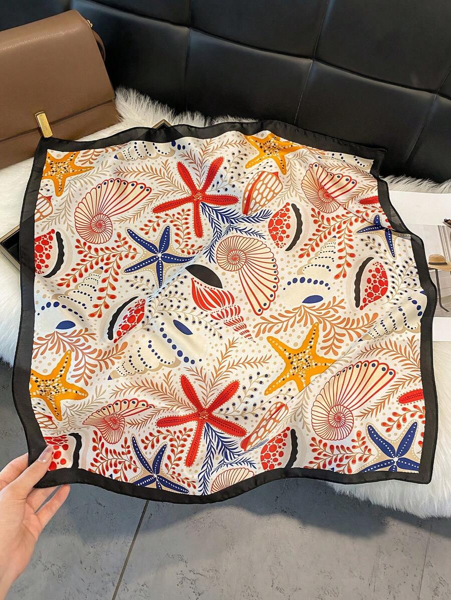 1pc Faux Silk Simple Design Shell & Starfish Pattern Printed 70cm Small Square Scarf Women's Bandana Fashion Versatile Belt Tie Wrap Accessory Silk Scarf Neck Tie Hair Accessory Suitable For Daily Wear - Black - View 1