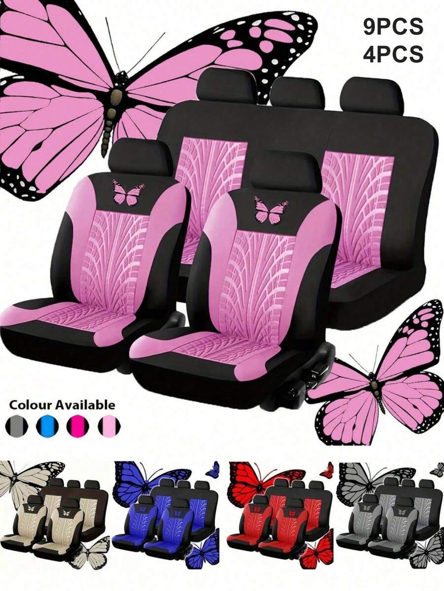 9pcs 4pcs Set Universal Fit Butterfly Pattern Embroidery Car Seat Covers - Polyester Fabric, All-Season, Airbag Compatible, Hand Washable - For Sedan, Van (4pcs Include 2-Seat & 9pcs Include 5-Seat Options)