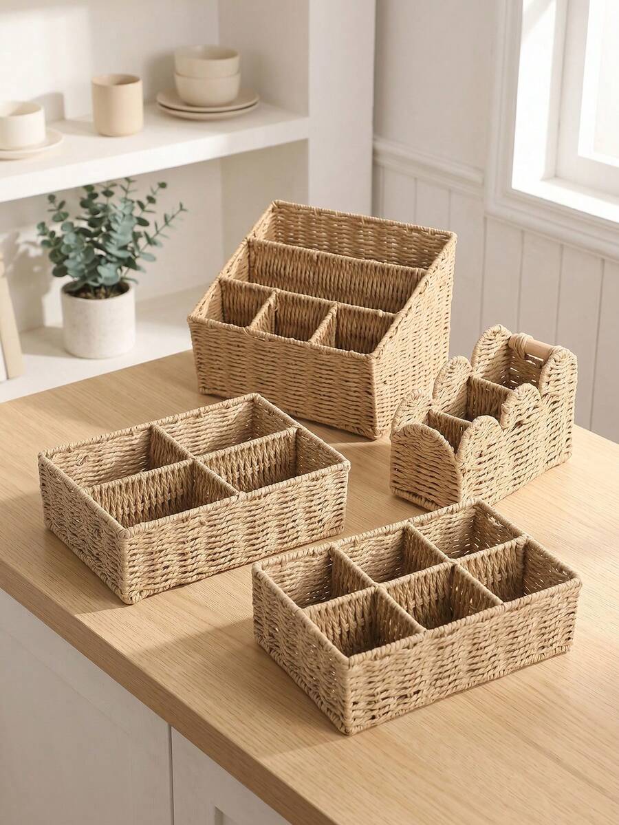 1 buah Keranjang Penyimpanan Kompartemen Anyaman Rotan Buatan Tangan, Organizer Multi-Kisi untuk Kosmetik, Riasan, Alat Tulis, Perhiasan & Barang Kecil. Keranjang Anyaman Boho untuk Kamar Tidur, Kamar Mandi, Kantor, Meja. Keranjang Serat Alami dengan Sekat untuk Laci, Meja Rias, Meja Dapur - View 1