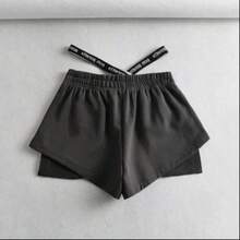Pantalones Cortos Deportivos Negros de Cintura Alta para Mujer, Estilo Casual de Verano, Corte Holgado, Pierna Ancha, Cintura... - Gris Oscuro - Ver 5
