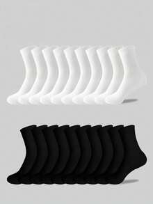 10 Pairs Personalized Street Style Black & White Solid Color Casual Socks, Minimalist Fashion, Versatile & Comfortable, Business Casual Long Socks, Suitable For Sports, Warm For Autumn/Winter, Mid-Calf Couple Socks, Valentine's Day Gift - Multicolor - View 1