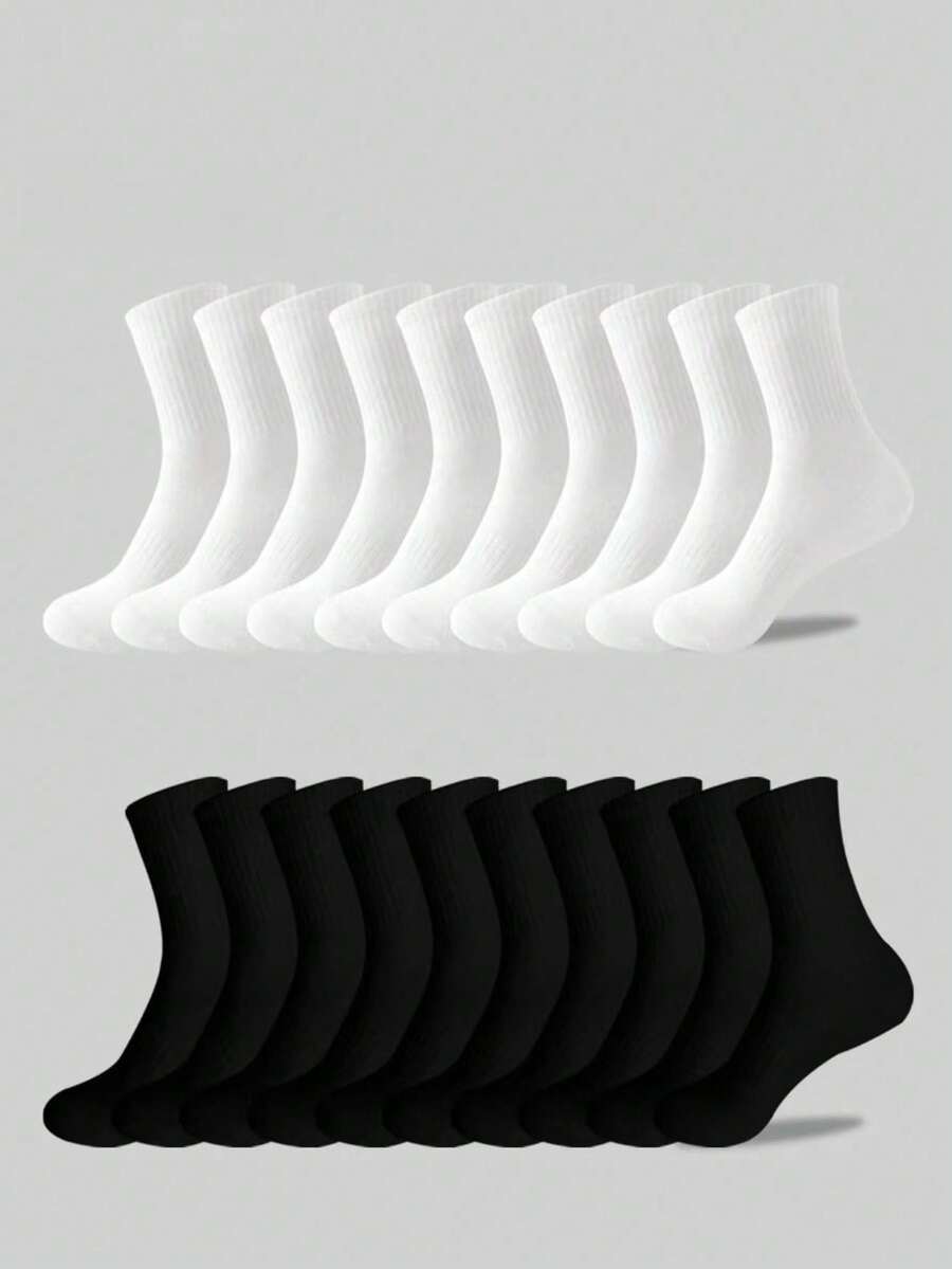 10 Pairs Personalized Street Style Black & White Solid Color Casual Socks, Minimalist Fashion, Versatile & Comfortable, Business Casual Long Socks, Suitable For Sports, Warm For Autumn/Winter, Mid-Calf Couple Socks, Valentine's Day Gift - Multicolor - View 1