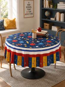 1pc Back To School Polyester Round Tablecloth - Locker & Apple Print Table Cover, Classroom Themed Tablecloth, Wrinkle & Fade Resistant, Lightweight Easy Care For Classroom, School Party, First Day Of School Decor - Multicolor - View 5
