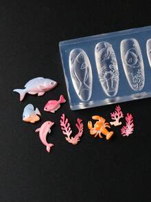 2件組海洋世界美甲雕刻矽膠模具 海洋生物魚類海馬海星珊瑚美甲模板 夏季水下美甲設計印花板 DIY美甲工具 - 無色 - 查看 7