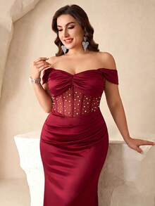 Plus Size Satin Beaded Off-Shoulder Mermaid Formal Dress, Celebrity Style See-Through Beaded Evening Gown, Slimming & Elongating Party Wedding Red - Red - View 6