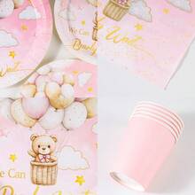 10/24/96pcs Teddy Bear & Balloon Theme Party Tableware Set, 7" & 9" Disposable Paper Plates, 9oz Cups & Napkins With Pink Bear Print, Complete Party Supplies For Adult Celebrations & Backyard Gatherings, Sturdy Tableware Set - Multicolor - View 6