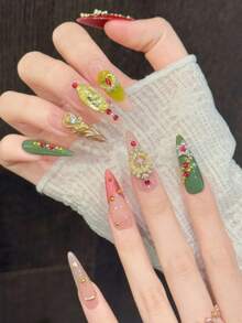 10片純手工壓製長尖形美甲假指甲，黑色粉色暗黑風美甲套組，金屬銀漸層立體花朵設計，適合女性 - 金色 - 查看 3