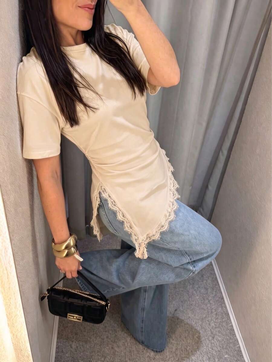 對比蕾絲純色針織不對稱女款T恤,休閒夏季 - 杏色 - 查看 1