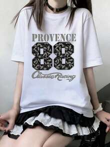 Women's Casual White Oversized T-Shirt, Round Neck Provence 88 Print Drop Shoulder Short Sleeve Top, Knit Fabric Streetwear Style - White - View 4