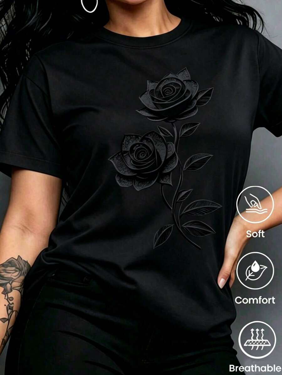 Weighing 180g, Made In Mexico. New Short-Sleeved T-Shirt For Couples, Spring/Summer Style, With A Print, Unisex Design, Ideal For Both Work And Casual Occasions. - Hitam - View 1
