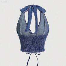 xuehuamaoyi02  MOD Top de denim con diseño de cordones de encaje con ojales y cuello halter sexy para mujer - Lavado ligero - Ver 3