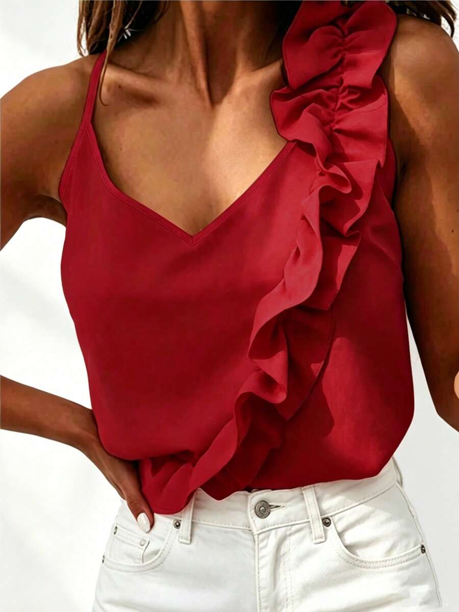 2026 Summer New Sexy Backless Ruffled Camisole Top Casual Red - Red - View 1