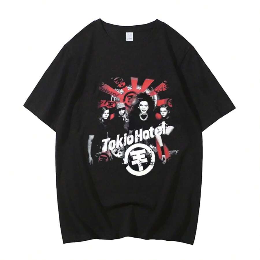 Camiseta Unisex de Alta Calidad con Estampado de la Banda de Rock Tokio Hotel, Estilo Harajuku, Camiseta Informal de Manga Corta con Estampado Gráfico - Negro - Ver 1