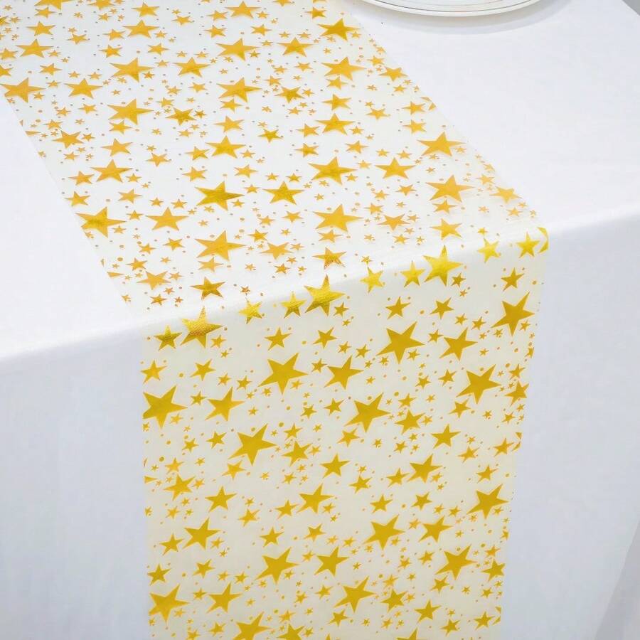 1 Roll Gold Large Star Table Runner, Polyester Tulle Fabric, Suitable For Home Decor Design, Atmosphere Decoration, Tabletop Display And Arrangement - View 1
