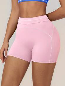 TimeOff Women's 1pc Contrast Color White Line High Waist Tummy Control Sports Shorts - Pink - View 7