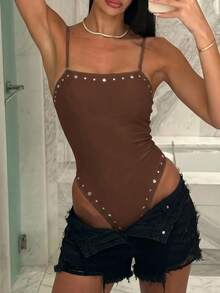 Traje de baño de una pieza para mujer de verano, unicolor con diseño de remaches, sin espalda, bandeau, diseño de corte de diseñador, adecuado para playa, piscina, ropa de vacaciones de verano, unicolor acanalado sin espalda para vacaciones en la playa, graduación, baile de graduación, cumpleaños, unicolor negro con perlas para vacaciones en la playa - Marrón Mocha - Ver 7