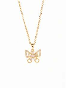 1pc Elegant Butterfly Shaped Necklace, Copper Inlaid With Clear Cubic Zirconia, Gold Tone Stainless Steel Link Chain, Women's Jewelry For Gift/Date - Multicolor - View 5
