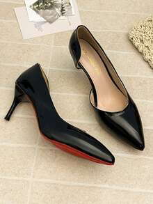 Black Red Bottom Design Mid-Heel Pointed Toe Low Vamp Fashionable Solid Color Niche Versatile Sexy Women's Shoes - Black - View 5