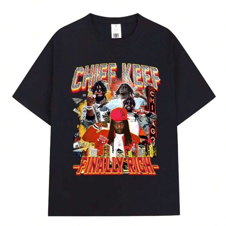 T-shirt grafica "Rapper Finally Rich" estate 2025, unisex, moda hip hop, maniche corte, outfit da uomo. - nero - Visualizzare 1