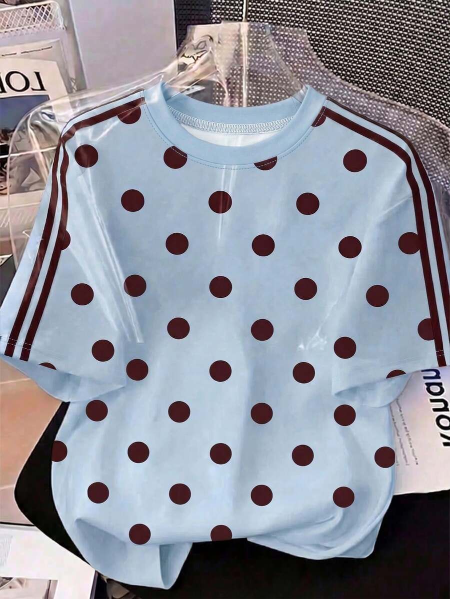 Camiseta de mujer de manga corta con cuello redondo, estilo minimalista casual para oficina, con rayas y lunares en colores de contraste, para verano - Azul - Ver 1
