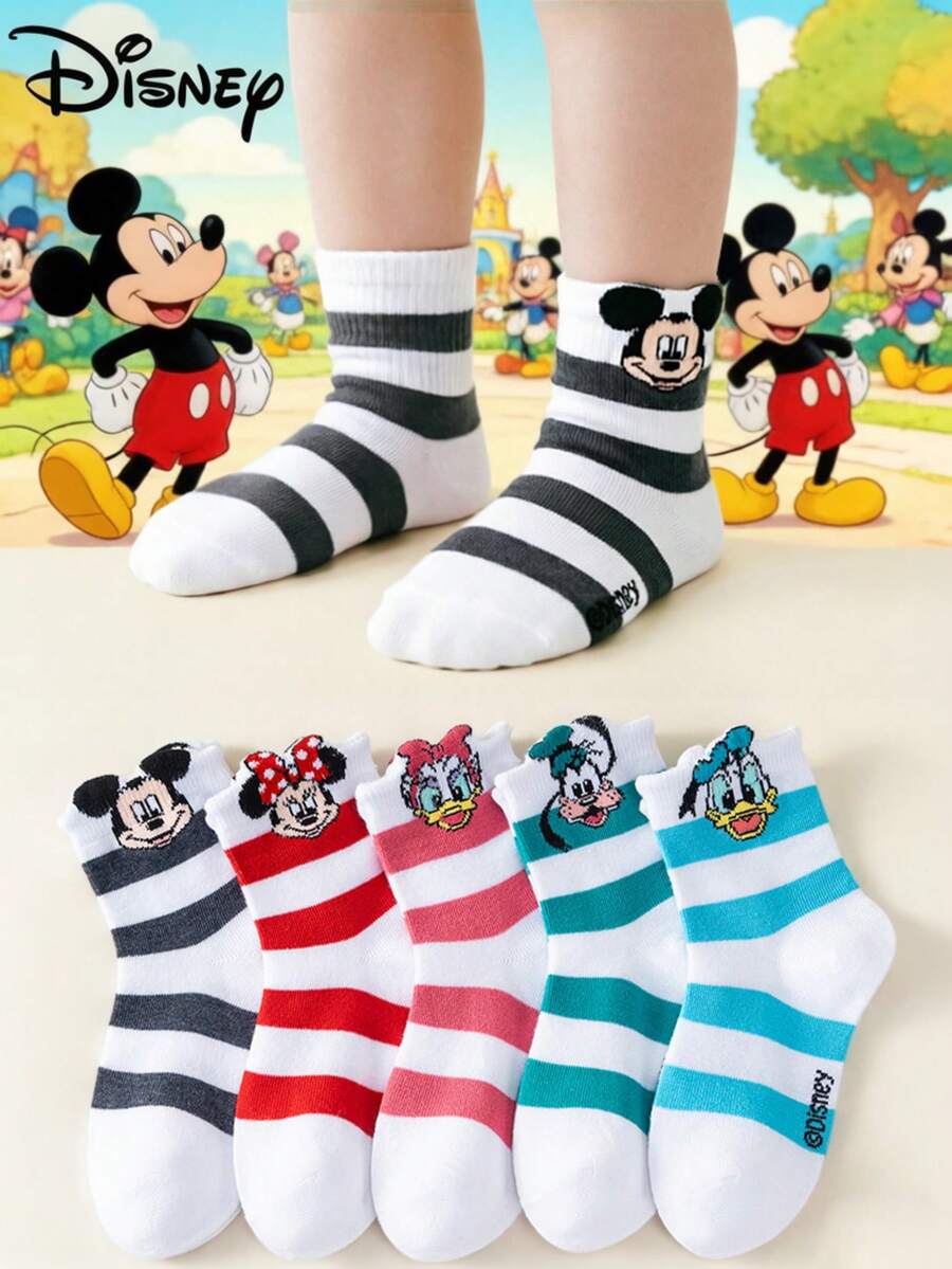 Disney 1/5/10雙米奇卡通襪,適用男孩女孩,柔軟透氣,適合日常休閒穿著,白色幼兒襪,防滑舒適親膚兒童襪,返校季 - 彩色 - 查看 1