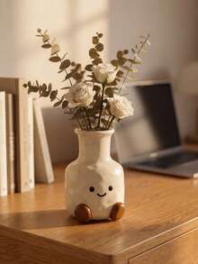 1pc Cream White Soothing Soft Cute Smiling Face Brown Feet Resin Vase, Cream White Glossy Hammered Texture Long Neck Vase, Suitable For Windowsill, Desktop, Bookshelf, Dining Table Centerpiece Decoration, Living Room Bedroom Home Decor, Can Hold Dried Flowers And Fresh Flowers - New Model - View 3