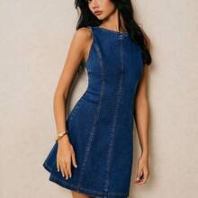 jianchaimaoyi02  Vestido de mezclilla casual de mujer sin mangas, cuello redondo, espalda descubierta y con lazo - Azul lavado oscuro - Ver 4