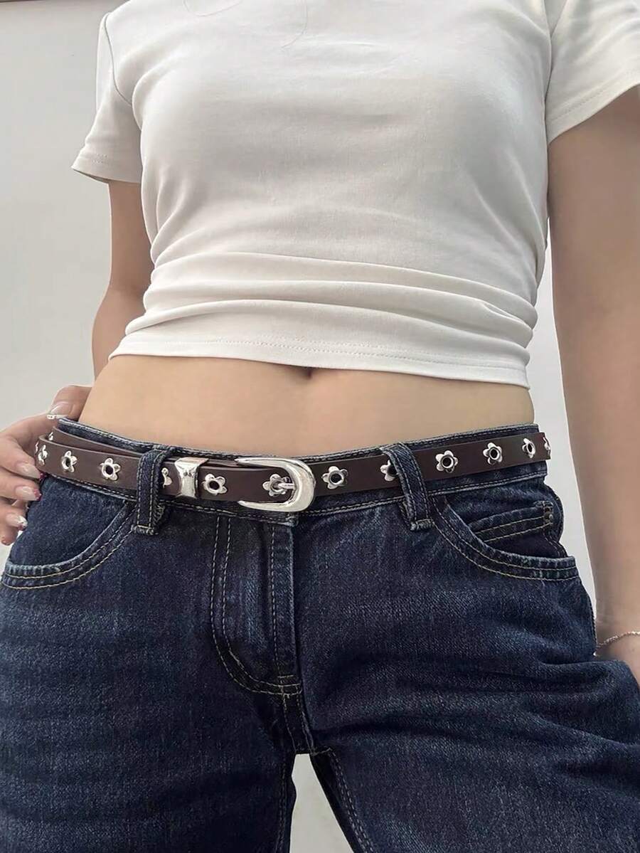 1件純色龐克休閒性感PU皮革女款復古梅花休閒寬窄腰帶,適合四季穿搭 - 咖啡 - 查看 1