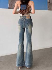 Women's Casual Versatile Daily Travel Denim Flare Jeans With Pockets And Buttons Fall - Medium Wash - View 8