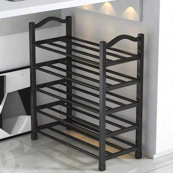 1pc 5-Tier Arched Edge Black Metal Shoe Rack, Narrow Space-Saving Shoe Storage Shelf, Suitable For Small Entryway, Stable Anti-Slip Shoe Storage Rack, Tool-Free Assembly, Multi-Purpose Shoe Rack, Suitable For Closet, Bedroom, Dorm And Apartment. Freestanding Minimalist Large Capacity Shoe Organizer Storage Shelf For Entryway Bedroom Hallway Closet, Black Five-Layer Space-Saving Shoe Rack.