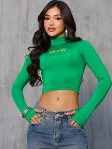 Women's Cropped High Neck Blouse Brazil World Cup Fan - Hijau - View 1