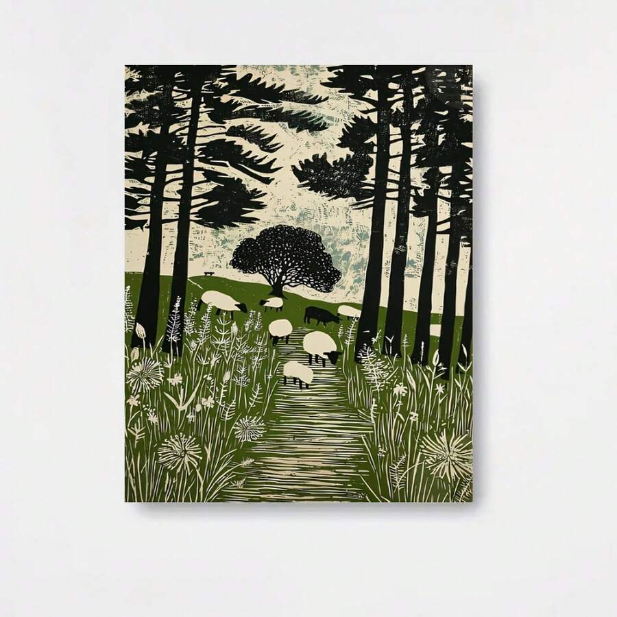 Póster plano 2D, 2D plano, 1 pieza sin marco de ovejas del bosque verde, paisaje de senderos del bosque, pintura en lienzo, arte de pared creativo, regalo de cumpleaños, sala de estar, dormitorio, cocina, baño, decoración de pasillo y reutilizable - Enmarcado - Ver 1