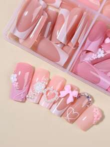 96pcs/ (4 Estilos) Juego, Uñas Postizas Rectangulares 3D de Gel con Estilo Francés, Decoradas con Perlas, Lazos y Flores, Fáciles de Aplicar y Quitar - Multicolor - Ver 4