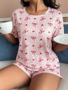 女士蝴蝶结爱心印花短袖短裤两件套睡衣 - 粉色 - 查看 4