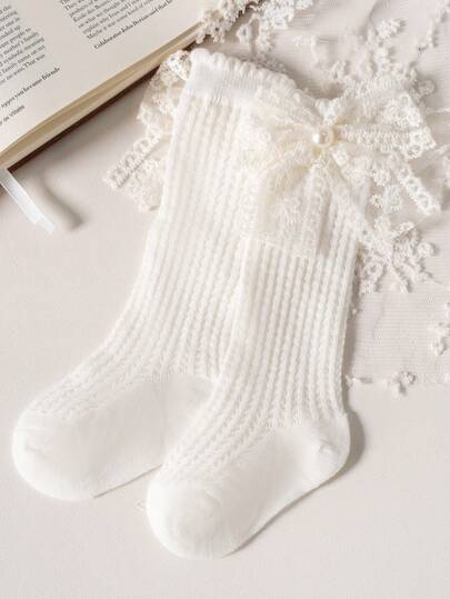 Spring/Autumn Children's Princess Style Breathable Mesh Girls Long Socks Spanish Style Lace Pearl Bow 0-3 Years Old Baby Girls Socks