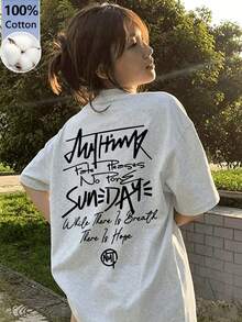Japanese Style Women's Loose Round Neck Minimalist Casual Letter Print Short Sleeve T-Shirt, Spring/Summer - Light Gray - View 3