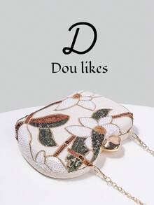 Dou Likes 中式風格手提包，香檳色亮片刺繡花卉鏈條晚宴包，搭配可調節細金鏈，完美適配中式旗袍、輕奢晚禮服、日常優雅穿搭，瞬間提升整體風格，點亮造型的完美收尾配件 - 杏色 - 查看 5