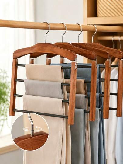 1 PC 4-Tier Rotating Solid Wood Pants Hanger, Natural Wood Color, High Aesthetic Value, Thickened Anti-Slip Horizontal Bar, No-Crease Pants Hanging, 360-Degree Rotating Head, Easy Access, Exquisite Craftsmanship, Enhances Overall Aesthetic Of Bedroom, Bathroom And Walk-In Closet