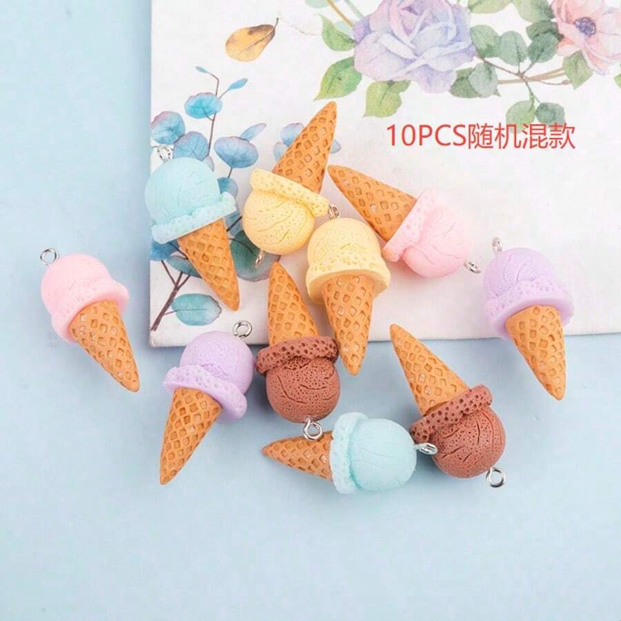 10件隨機混色夏季時尚迷人多色3D卡通冰淇淋樹脂吊墜,時尚DIY項鍊吊飾,手工愛好者珠寶製作配件,禮物 - 粉色 - 查看 1