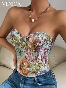 Vexica Top Bandeau Sexy Vintage Floral Jacquard pour Femmes, Corset Style Victorien Français, Lacets Ajustables, Convient pour les Fêtes et les Rendez-vous - Multicolore - Voir 4