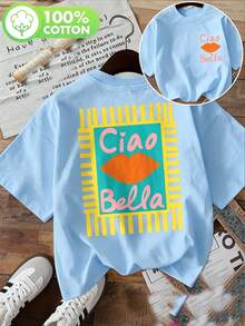 Women's 100% Cotton Ciao Bella Graphic Tee Casual & Cute Round Neck Short Sleeve T-Shirt For Summer - 天藍色 - 查看 1