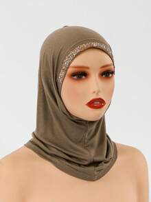 1PC Women's Solid Color Minimalist Balaclava With Rhinestone Decor, Scalloped Edge, Convenient Neck Warmer, Base Headscarf, Sports Neck Gaiter, Elastic Cap, Hijab Cap, Turban, Breathable, Comfortable, Elastic Wide Brim, Sweat-Absorbing, Anti-Slip, Multifunctional Sports Headscarf, Head Cover, Inner Scarf, Suitable For Daily Life, Sports, Yoga, Fitness And Fashion Outfits - Hot-fix Rhinestones - Khaki - View 9