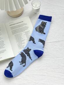 1/5 Paar blaue niedliche Katzenmuster lange Socken, Damen lustige lässige Tierserie Socken, atmungsaktive und feuchtigkeitsableitende Sportsocken, geeignet für Outdoor-Sport, Heimfitness, tägliches Pendeln - Verschiedenfarbig - Übersicht 8